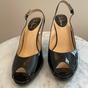 Cole Haan, size 8, Patent Black Leather, peep toe, Sling Backs